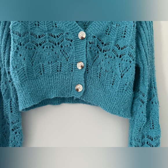 Dreamers by Debut Women’s Size S Turquoise Cropped Cardigan Sweater Soft Knit - Picture 5 of 13